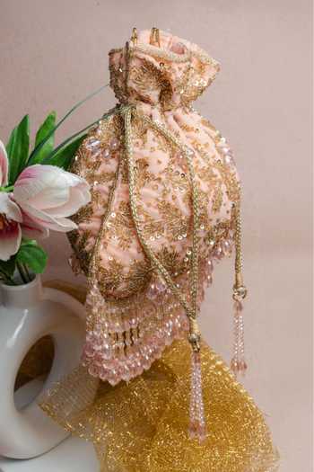 Shop_Nayaab By Sonia_Pink Sequins, Beads, Crystals Beaded Embellished Silk Potli _Online_at_Aza_Fashions