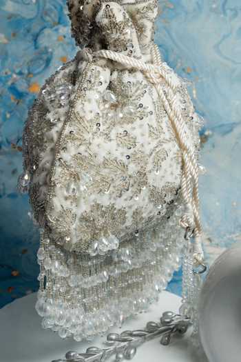 Nayaab By Sonia_White Sequins, Beads, Crystals, Fringe Silk Potli Bag With Chain _Online_at_Aza_Fashions