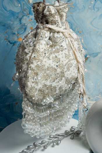 Nayaab By Sonia_White Sequins, Beads, Crystals, Fringe Silk Potli Bag With Chain _at_Aza_Fashions