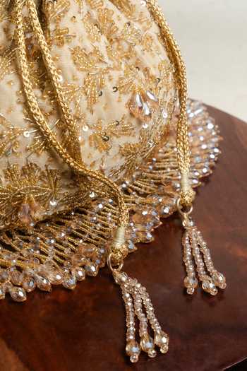Nayaab By Sonia_Gold Embroidery, Sequins, Beads, Zari, Crystals, Tassels Silk Potli Bag And Chain _Online_at_Aza_Fashions