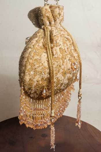 Buy_Nayaab By Sonia_Gold Embroidery, Sequins, Beads, Zari, Crystals, Tassels Silk Potli Bag And Chain _Online_at_Aza_Fashions