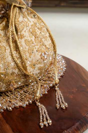Shop_Nayaab By Sonia_Gold Embroidery, Sequins, Beads, Zari, Crystals, Tassels Silk Potli Bag And Chain _Online_at_Aza_Fashions