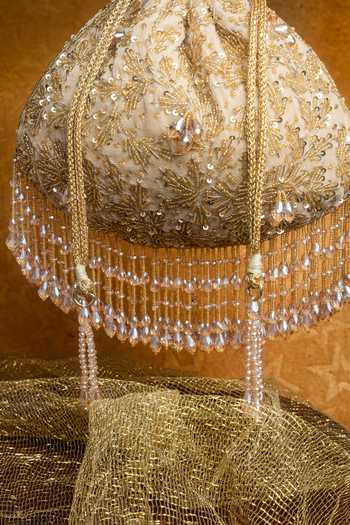 Nayaab By Sonia_Gold Embroidery, Sequins, Beads, Zari, Crystals, Tassels Silk Potli Bag And Chain _at_Aza_Fashions
