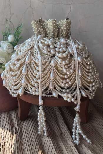 Nayaab By Sonia_Gold Pearls Work Velvet Potli Bag _Online_at_Aza_Fashions