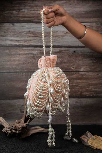 Nayaab By Sonia_Pink Pearls Work Velvet Potli Bag _Online_at_Aza_Fashions