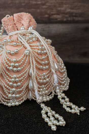 Nayaab By Sonia_Pink Pearls Work Velvet Potli Bag _at_Aza_Fashions