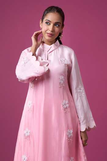 Buy Khwaab By Sanjana Lakhani Pink Silk Fabric Flowers Mandarin Hand Embroidered Ombre Kurta And Pant Set Online at Aza Fashions Buy_Khwaab By Sanjana Lakhani_Pink Silk Fabric Flowers Mandarin Hand Embroidered Ombre Kurta And Pant Set _Online_at_Aza_Fashions