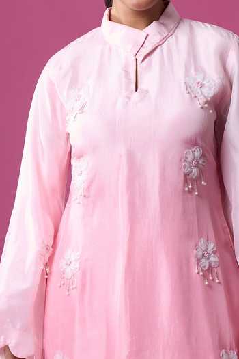 Shop Khwaab By Sanjana Lakhani Pink Silk Fabric Flowers Mandarin Hand Embroidered Ombre Kurta And Pant Set Online at Aza Fashions Shop_Khwaab By Sanjana Lakhani_Pink Silk Fabric Flowers Mandarin Hand Embroidered Ombre Kurta And Pant Set _Online_at_Aza_Fashions