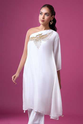 Samyukta Singhania_White Silk Embroidery, Zari Asymmetric Hand Kurta And Pant Set _Online_at_Aza_Fashions