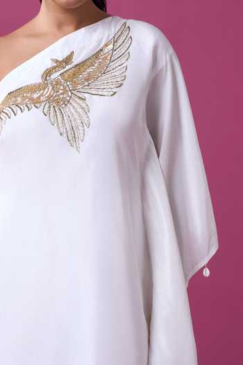 Buy_Samyukta Singhania_White Silk Embroidery, Zari Asymmetric Hand Kurta And Pant Set _Online_at_Aza_Fashions