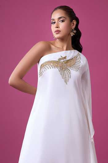 Samyukta Singhania_White Silk Embroidery, Zari Asymmetric Hand Kurta And Pant Set _at_Aza_Fashions