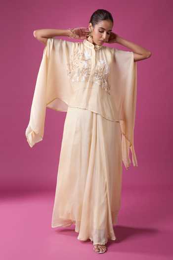 Aariyana Couture_Ivory Georgette Embroidery Round Neck Hand Cape Skirt Set _Online_at_Aza_Fashions