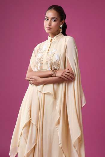 Buy_Aariyana Couture_Ivory Georgette Embroidery Round Neck Hand Cape Skirt Set _Online_at_Aza_Fashions