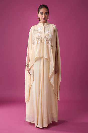 Buy_Aariyana Couture_Ivory Georgette Embroidery Round Neck Hand Cape Skirt Set 