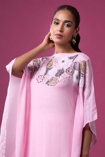 Samyukta Singhania_Pink Silk Sequins, Beads Boat Neck Hand Embroidered Kaftan _Online_at_Aza_Fashions