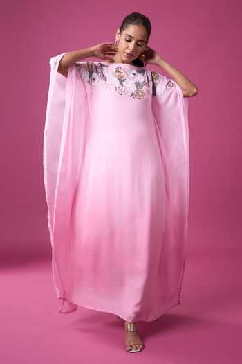 Buy_Samyukta Singhania_Pink Silk Sequins, Beads Boat Neck Hand Embroidered Kaftan _Online_at_Aza_Fashions