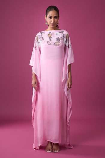 Shop_Samyukta Singhania_Pink Silk Sequins, Beads Boat Neck Hand Embroidered Kaftan _Online_at_Aza_Fashions