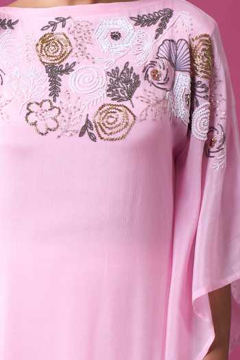Samyukta Singhania_Pink Silk Sequins, Beads Boat Neck Hand Embroidered Kaftan _at_Aza_Fashions