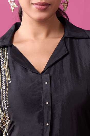 Buy_Khwaab By Sanjana Lakhani_Black Silk Embroidery, Beads V-neck Hand Embellished Kurta Set _Online_at_Aza_Fashions