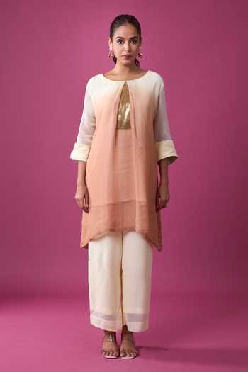 Khwaab By Sanjana Lakhani_Ivory Silk Embroidery Round Neck Ombre Kurta And Pant Set _Online_at_Aza_Fashions
