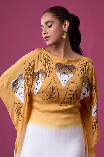 Samyukta Singhania_Ivory Silk Embroidery Boat Neck Embellished Ombre Kaftan _Online_at_Aza_Fashions