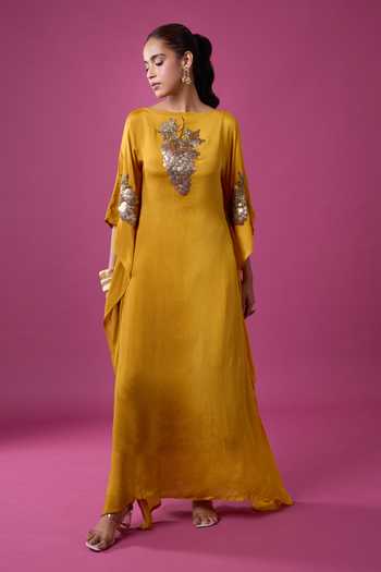 Aariyana Couture_Mustard Georgette Embroidery, Sequins, Mirrors Boat Hand Embellished Kaftan _Online_at_Aza_Fashions
