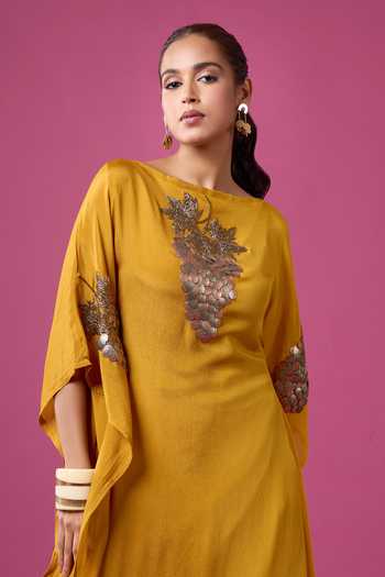 Buy_Aariyana Couture_Mustard Georgette Embroidery, Sequins, Mirrors Boat Hand Embellished Kaftan _Online_at_Aza_Fashions