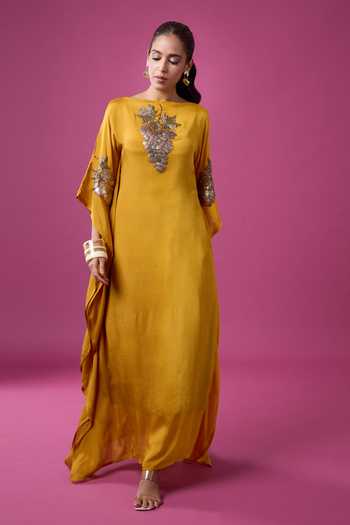 Shop_Aariyana Couture_Mustard Georgette Embroidery, Sequins, Mirrors Boat Hand Embellished Kaftan _Online_at_Aza_Fashions