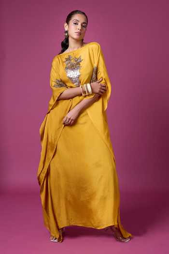 Aariyana Couture_Mustard Georgette Embroidery, Sequins, Mirrors Boat Hand Embellished Kaftan _at_Aza_Fashions
