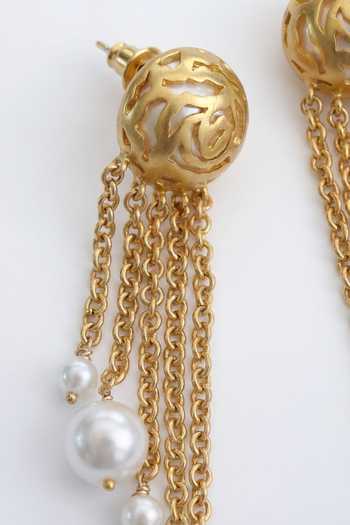 Mnsh_White Pearls Rosette Dangler Earrings _Online_at_Aza_Fashions