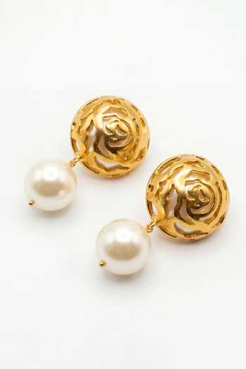 Mnsh_White Pearls Audrey Rosette Earrings _Online_at_Aza_Fashions