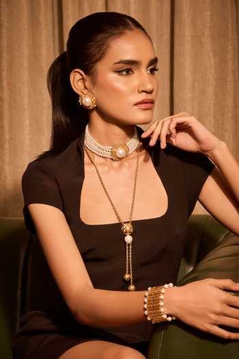 Shop_Mnsh_White Pearls Rosette Lariat Necklace _Online_at_Aza_Fashions