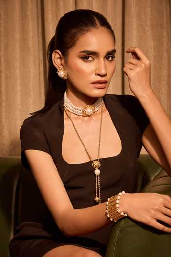 Mnsh_White Pearls Rosette Lariat Necklace _at_Aza_Fashions