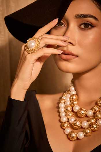 Buy_Mnsh_White Pearls Audrey Bloom Embellished Ring _Online_at_Aza_Fashions