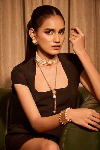 Buy_Mnsh_White Pearls, Crystals Audrey Bloom Embellished Stud Earrings _Online_at_Aza_Fashions