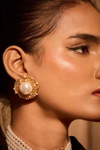 Shop_Mnsh_White Pearls, Crystals Audrey Bloom Embellished Stud Earrings _Online_at_Aza_Fashions