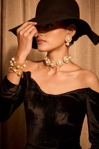 Mnsh_White Pearls Audrey Grace Embellished Earrings _Online_at_Aza_Fashions