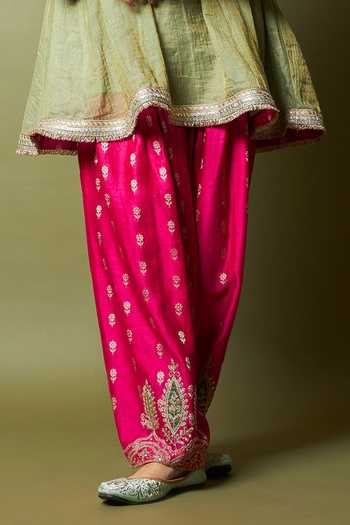 Pants And Pajamas_Green , Silk Zari, Embroidery V-neck, Kamalya Kurta And Pant Set _Online_at_Aza_Fashions