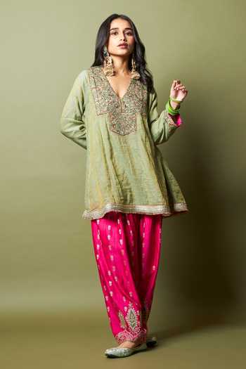 Shop_Pants And Pajamas_Green , Silk Zari, Embroidery V-neck, Kamalya Kurta And Pant Set _Online_at_Aza_Fashions