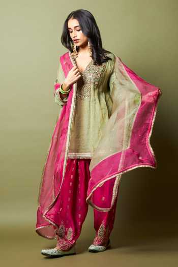 Pants And Pajamas_Green , Silk Zari, Embroidery V-neck, Kamalya Kurta And Pant Set _at_Aza_Fashions