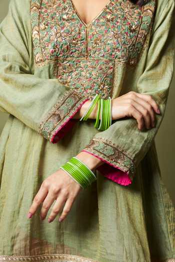 Buy_Pants And Pajamas_Green , Silk Zari, Embroidery V-neck, Kamalya Kurta And Pant Set 