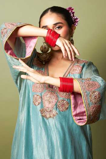 Pants And Pajamas_Blue Silk, Chanderi Embroidery, Zari V-neck Neelam Riwaaz Kaftan And Pant Set _at_Aza_Fashions