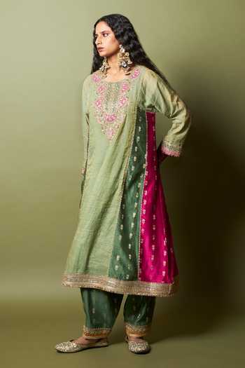 Shop_Pants And Pajamas_Pink , Silk Embroidery, Zari Round Neck Ratna Pratha Kurta Set _Online_at_Aza_Fashions