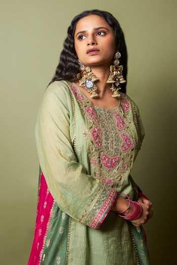 Pants And Pajamas_Green , Silk Zari, Ratna Pratha Embroidered Kurta And Pant Set _Online_at_Aza_Fashions