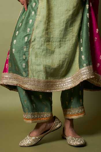 Buy_Pants And Pajamas_Green , Silk Zari, Ratna Pratha Embroidered Kurta And Pant Set _Online_at_Aza_Fashions