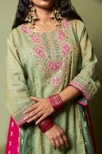 Shop_Pants And Pajamas_Green , Silk Zari, Ratna Pratha Embroidered Kurta And Pant Set _Online_at_Aza_Fashions
