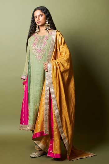 Pants And Pajamas_Green , Silk Zari, Ratna Pratha Embroidered Kurta And Pant Set _at_Aza_Fashions