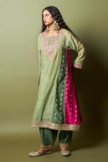 Pants And Pajamas_Green Chanderi Silk Embroidery Ratna Pratha Salwar _Online_at_Aza_Fashions
