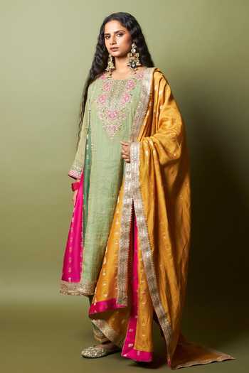 Buy_Pants And Pajamas_Green Chanderi Silk Embroidery Ratna Pratha Salwar _Online_at_Aza_Fashions