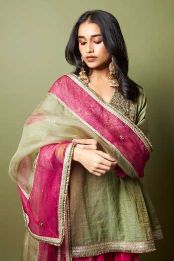 Shop_Pants And Pajamas_Green , Organza, Embroidery, Zari Kamalya Kurta Set _Online_at_Aza_Fashions